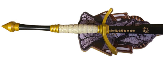 Decorative sword with gold nock and purple and brown patterned plaque on a white background