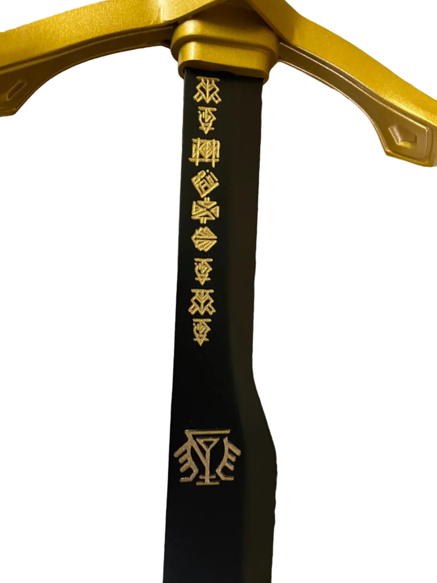 Close-up of a yellow sword with black shaft featuring branding on a white background