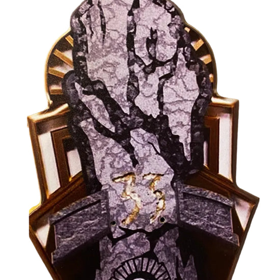 Decorative wall plaque with a purple rock design and gold accents on a white background