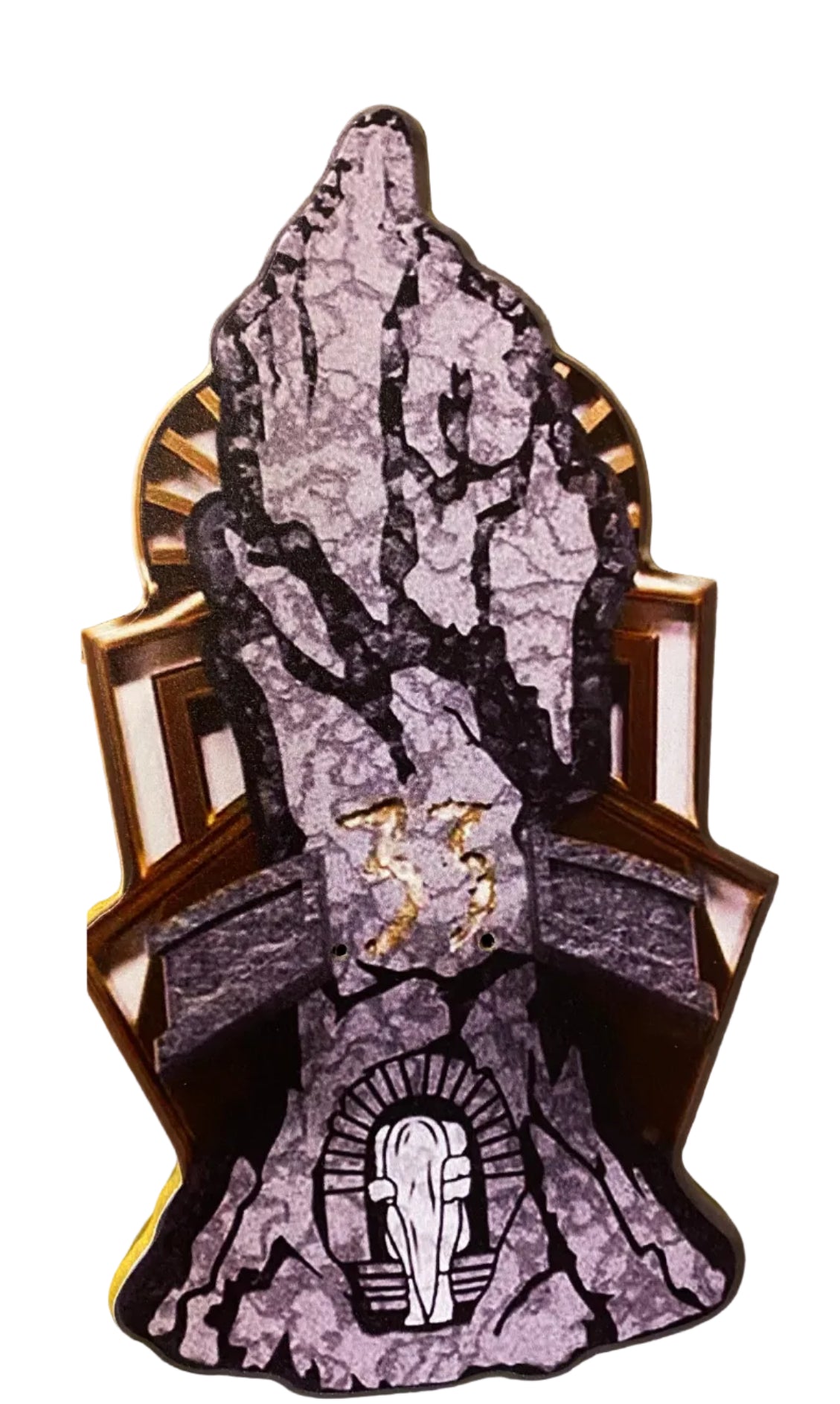 Decorative wall plaque with a purple rock design and gold accents on a white background