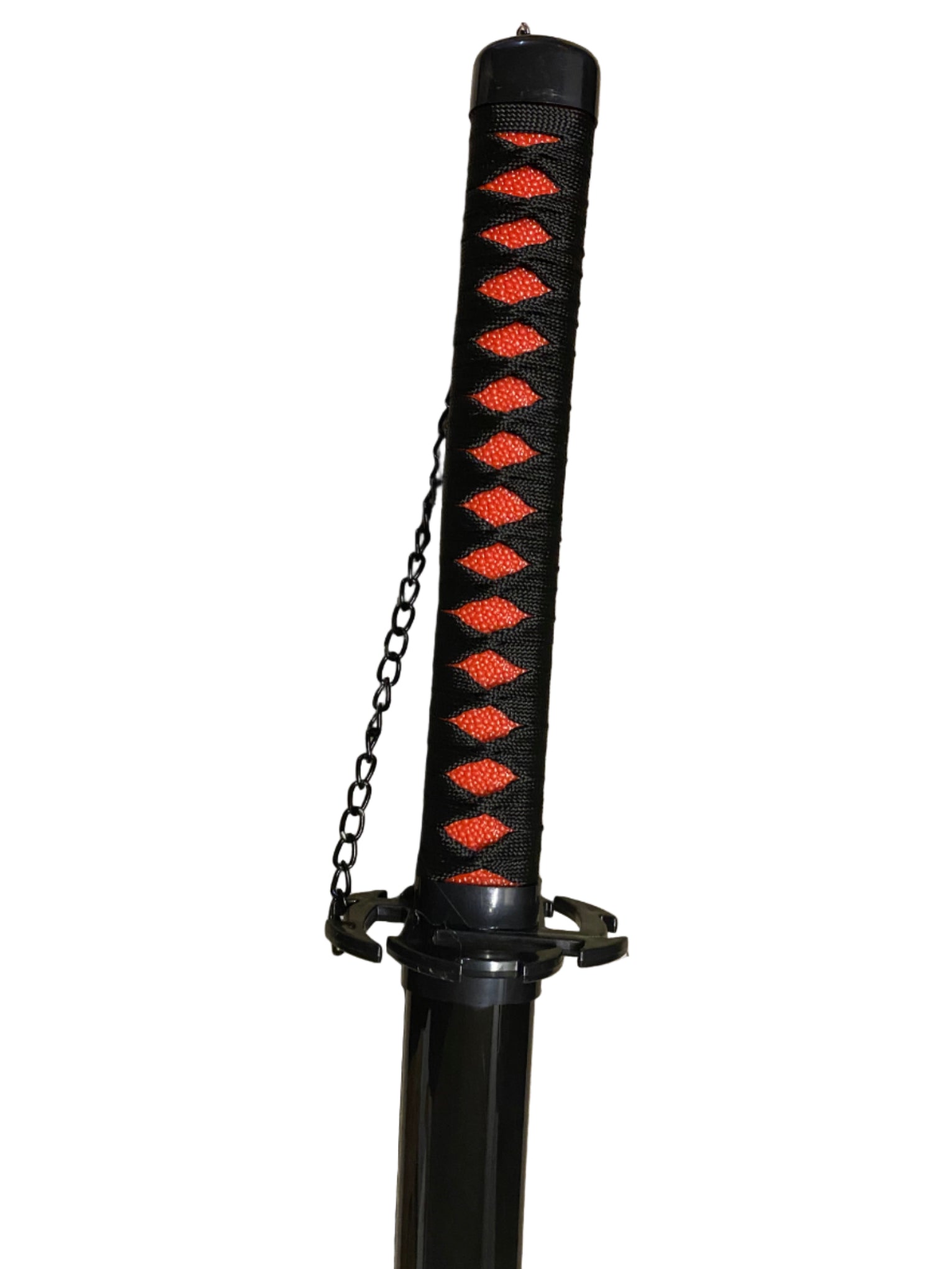Black sword sheath with red patterns and chain on a white background