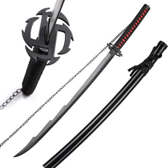 Black sword with decorative hilt on a white background