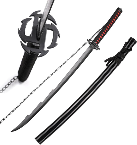 Black sword with decorative hilt on a white background