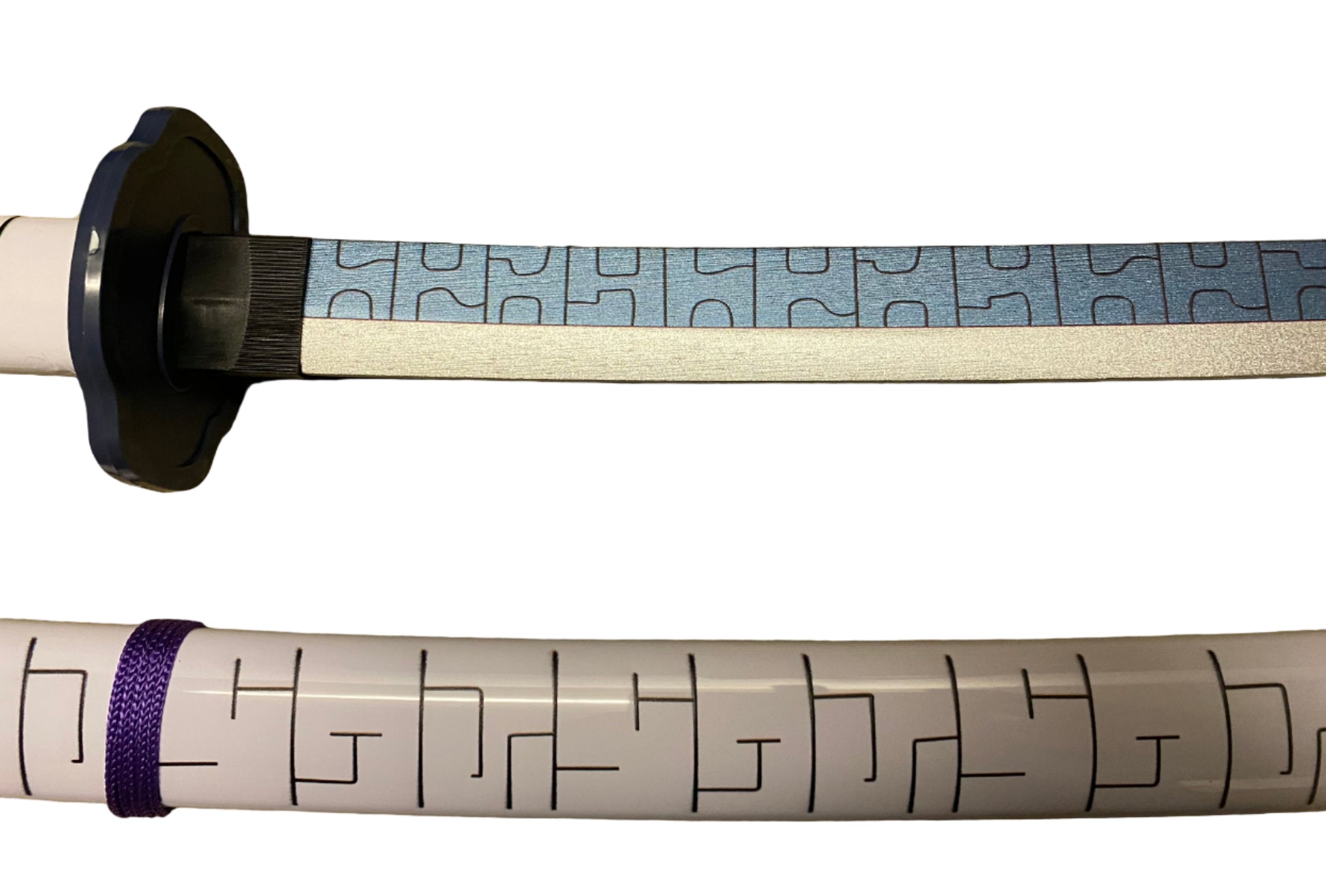 Sword with a white handle and blue blade on a white background