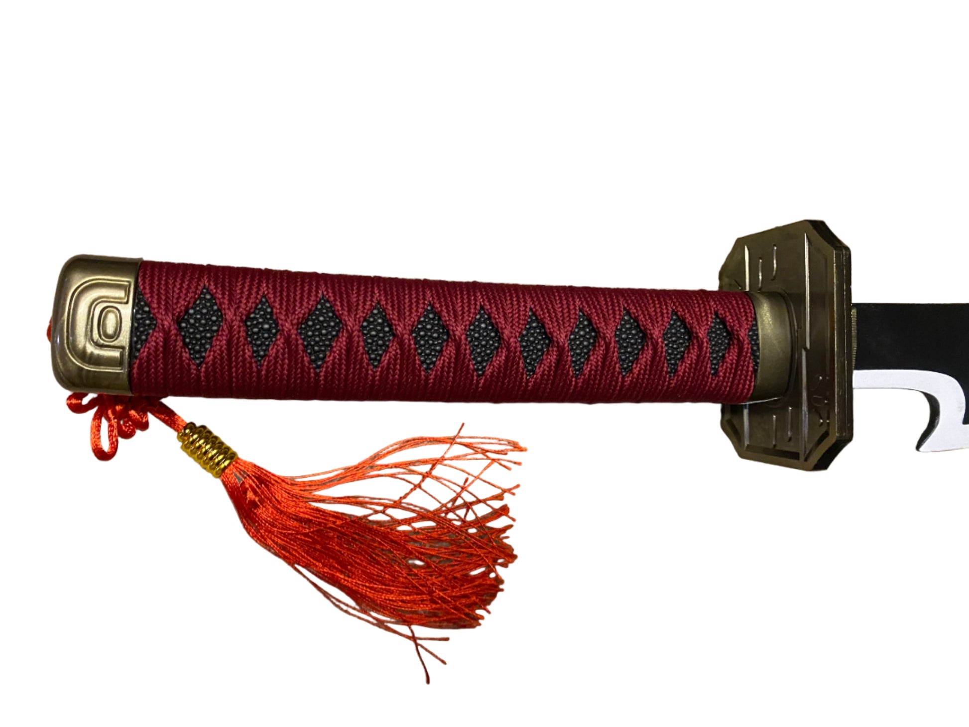 Sword with red tassel and decorative handle on a white background