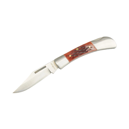 Pocket knife with red handle on a white background, featuring the Buck Land logo.