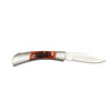 Pocket knife with wooden handle on a white background, featuring the Buck Land logo.
