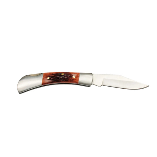 Pocket knife with wooden handle on a white background, featuring the Buck Land logo.