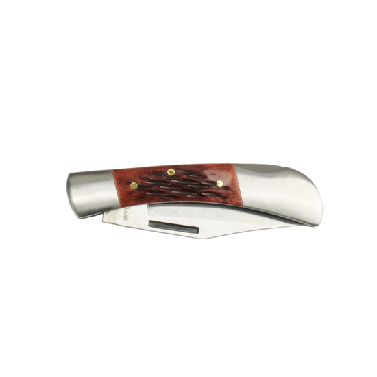 Foldable knife with wooden handle on a white background, featuring the Buck Land brand.