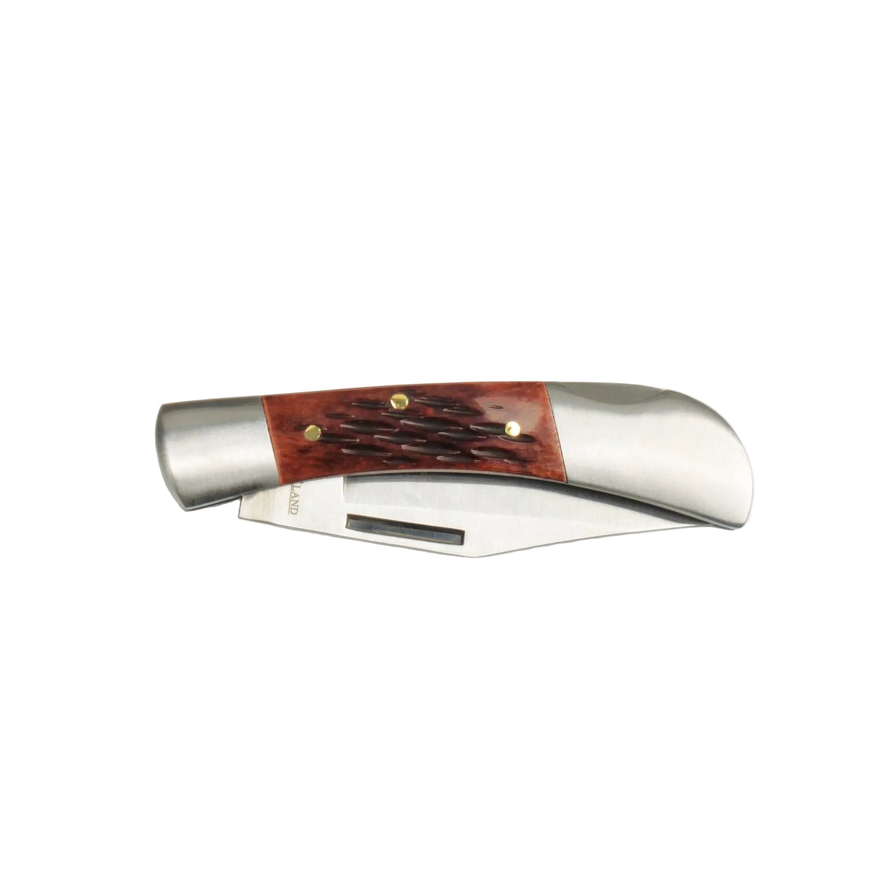 Foldable knife with wooden handle on a white background, featuring the Buck Land brand.