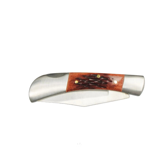 Knife with wooden handle on a white background, featuring the Buck Land brand logo.