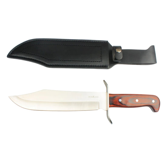 Knife with wooden handle and leather sheath on a white background, featuring the Buck Land logo.