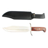 Knife with wooden handle and leather sheath on a white background, featuring the Buck Land logo.