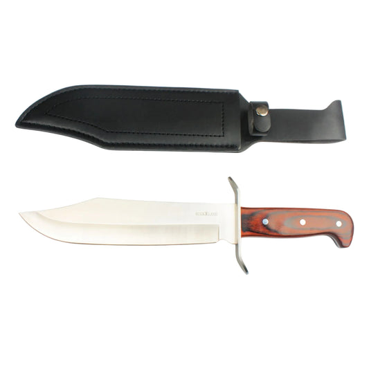 Knife with wooden handle and leather sheath on a white background, featuring the Buck Land logo.