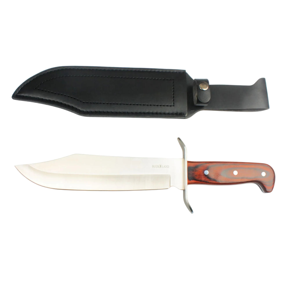 Knife with wooden handle and leather sheath on a white background, featuring the Buck Land logo.