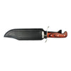 Knife with leather sheath and wooden handle on a white background, featuring the Buck Land logo.