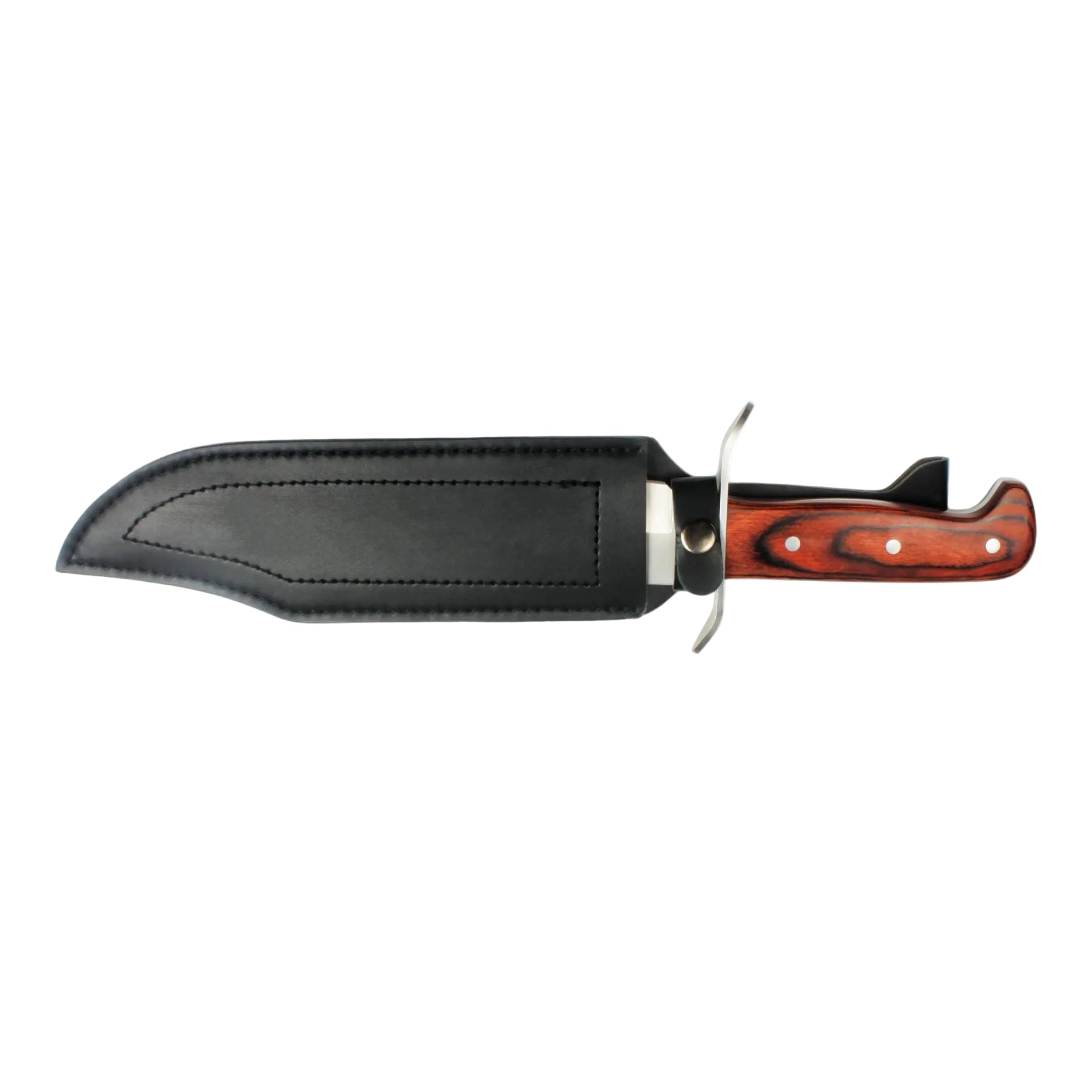 Knife with leather sheath and wooden handle on a white background, featuring the Buck Land logo.