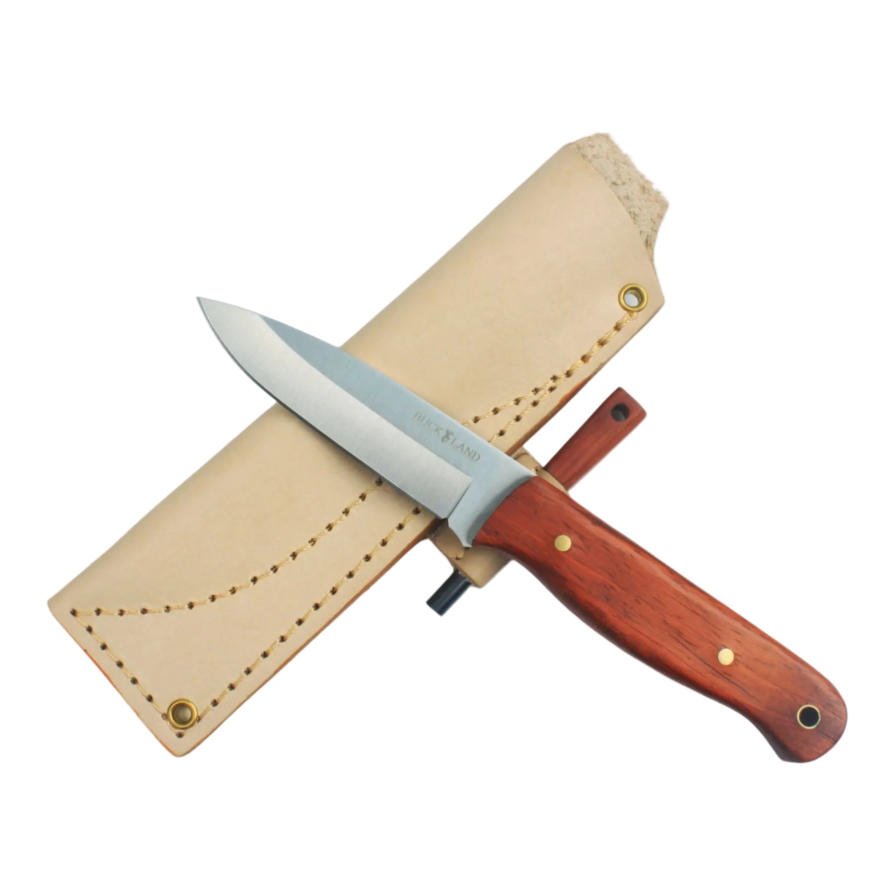 Knife with wooden handle and leather sheath on a white background, featuring the Buck Land brand.