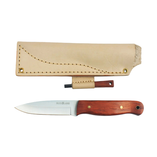 Knife with wooden handle and leather sheath on a white background, featuring the Buck Land brand.