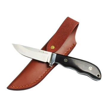 Knife with leather sheath on a white background, featuring the Buck Land brand.