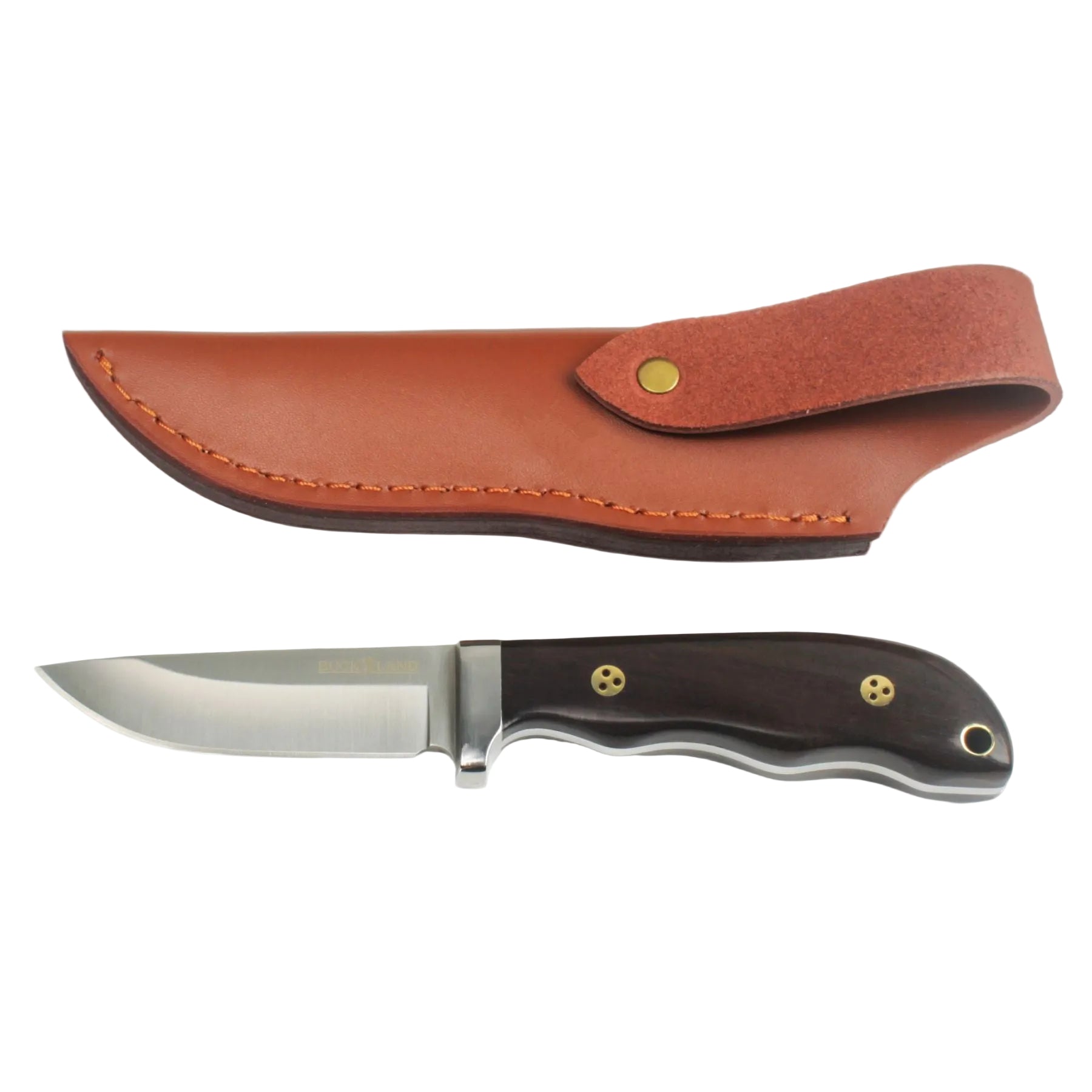 Knife with brown leather sheath on a white background, featuring the Buck Land logo.