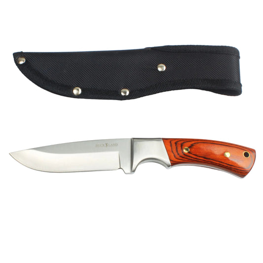 Knife with wooden handle and black sheath on a white background, featuring the Buck Land logo.