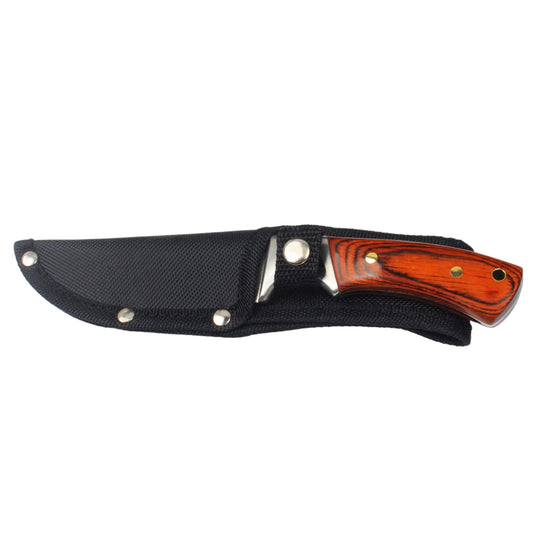 Knife with wooden handle and black sheath on a white background, featuring the Buck Land brand.