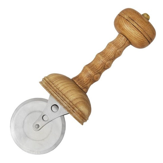 A wooden pizza cutter with a natural oak wood handle and a silver metal wheel, shown on a plain white background.