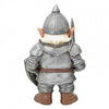 A back view of a fantasy gnome figurine dressed in detailed silver armor, with brown boots and belt, white beard, and pointed ears, on a white background.