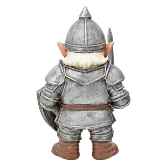 A back view of a fantasy gnome figurine dressed in detailed silver armor, with brown boots and belt, white beard, and pointed ears, on a white background.
