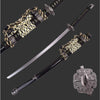 Japanese katana sword and its black scabbard shown on a white background, with detailed close-ups of the hilt wrap, blade guard, and tsuba, plus a small text inset listing dimensions and weight.