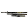 Set of three black and gold samurai swords with sheaths on a white background