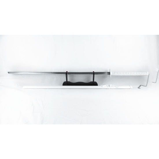 A replica of Ichigo Tenze Zangetsu Bankai Katana Sword from the anime Bleach, displayed horizontally with a white blade and black details.