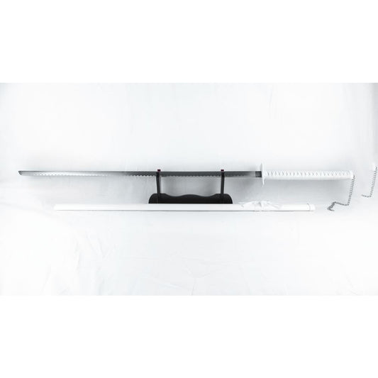 A replica of Ichigo Tenze Zangetsu Bankai Katana Sword from the anime Bleach, displayed horizontally with a white blade and black details.