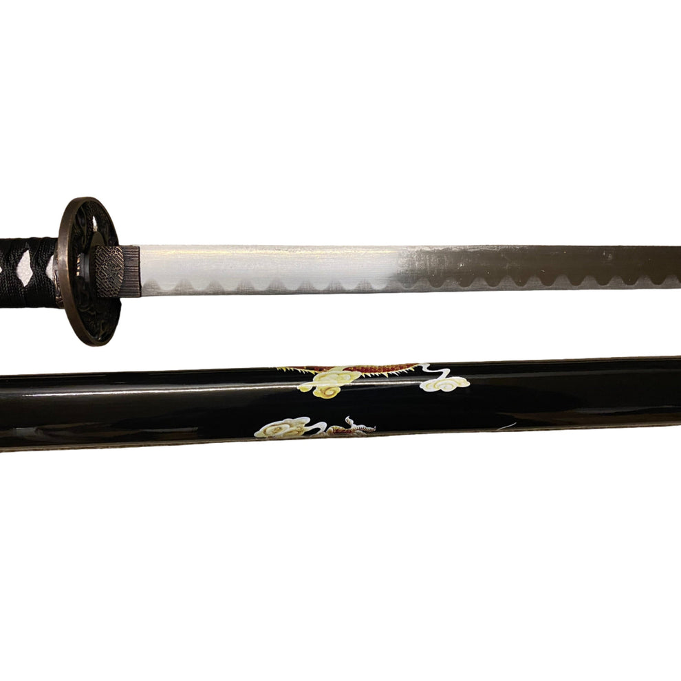 Sword with decorative handle and blade on a white background
