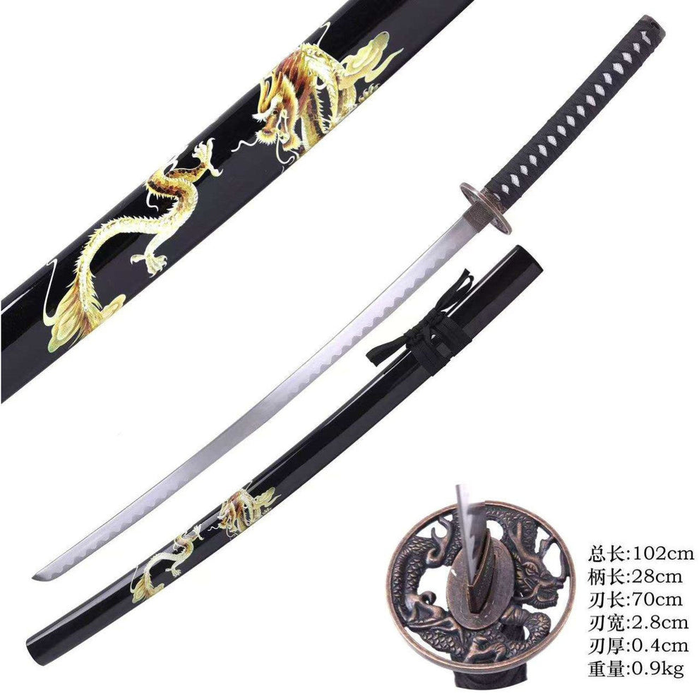 Sword with dragon design on a black sheath, accompanied by a decorative sword guard.