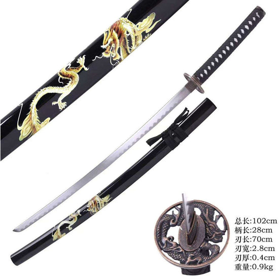 Sword with dragon design on a black sheath, accompanied by a decorative sword guard.