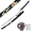 Sword with dragon design on a black sheath, accompanied by a decorative sword guard.