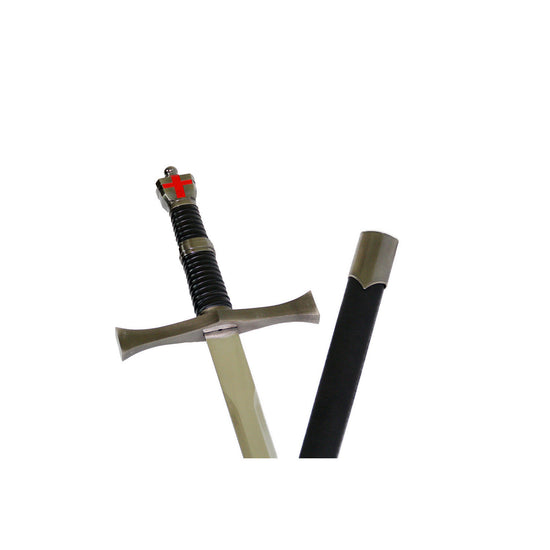 A decorative Assassin's Creed Templar sword with a scabbard, featuring a stainless steel blade, a metal alloy handle with a black wrapped design and a red cross, isolated on a white background.