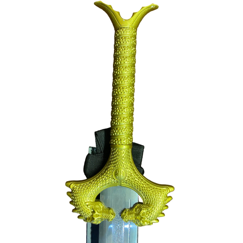 Decorative sword with a bright yellow handle on a white background