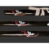 Black baseball bat with red and white designs on a gray background