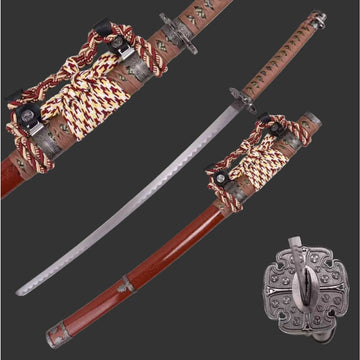 Sword with brown sheath and decorative elements on a white background