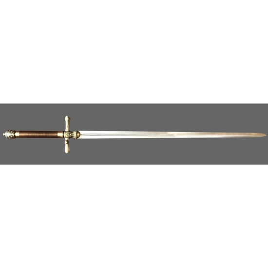 Decorative sword with a gold hilt on a dark gray background