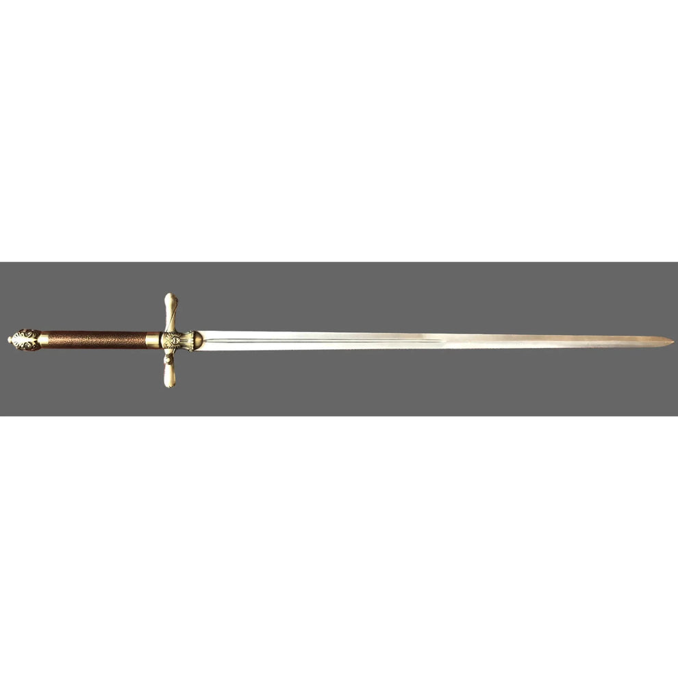 Decorative sword with a gold hilt on a dark gray background