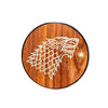 Wooden circular plaque with a white wolf design on a white background