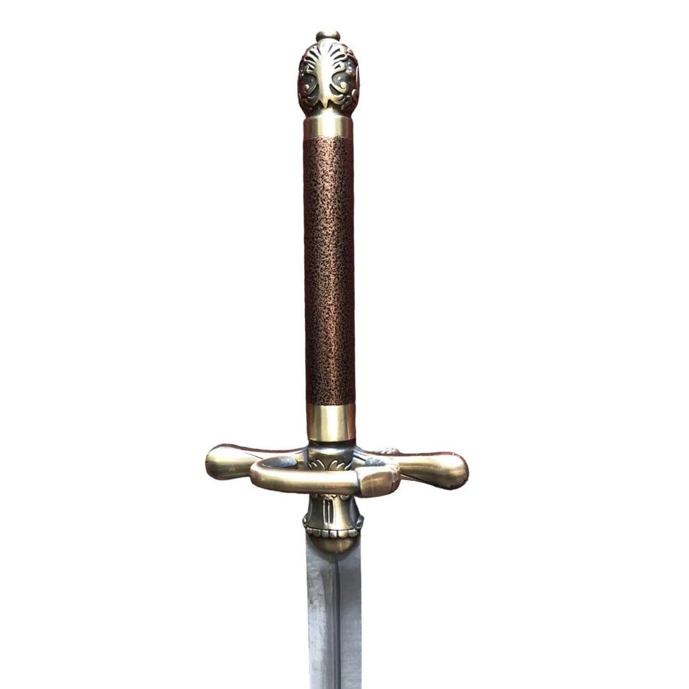 Decorative sword with a detailed hilt on a white background