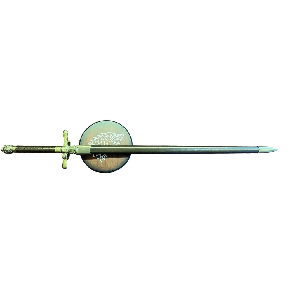 Decorative sword with a circular blade on a white background