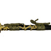Decorative sword with gold and black design on a white background