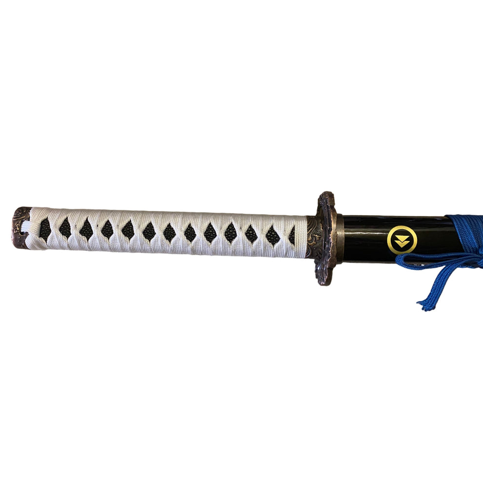 Sword with a black and white handle on a white background