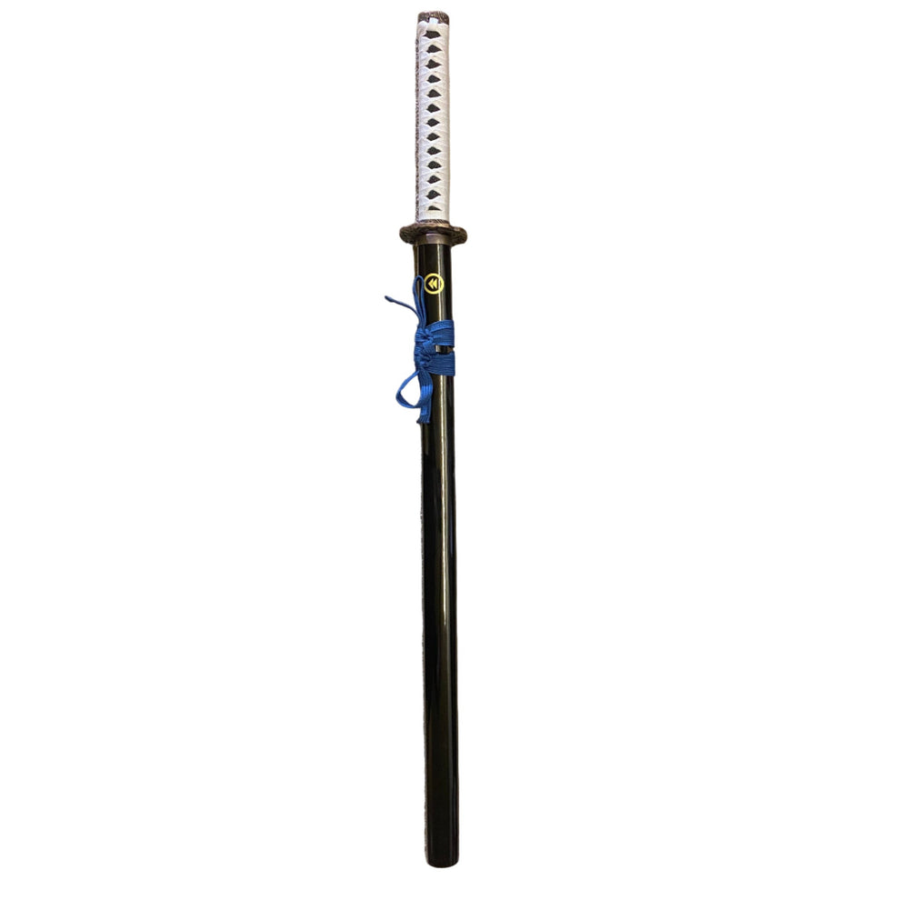 Sword with a white blade and black handle on a white background.